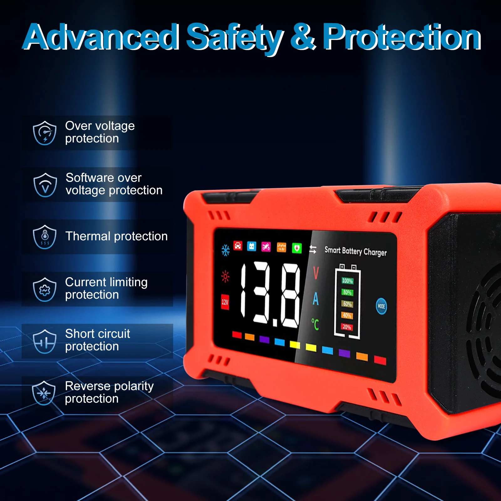 12V 6A Smart Car Battery Charger 9-Stage Automatic Charger 5-in-1 Modes for Car Start-Stop Motorcycle LiFePO4 Batteries with Repair Trickle Charge Temperature Compensation LED Display Safety Protection
