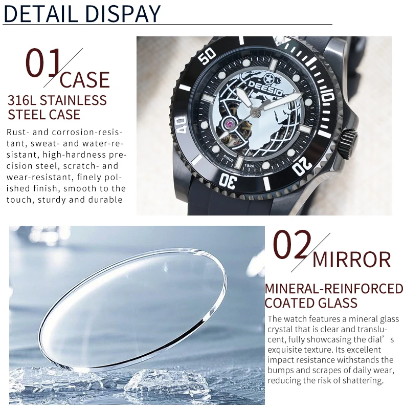 Deesio Upgrade Men's Casual Fashion Automatic Self-Winding Mechanical Wristwatch Luminous Water Resistant Stainless Steel Band Classic Business Dress Round Dial Luxury Elegant Watches Gift for Him Mens Automatic Watch Personalized 100M Water Resistant