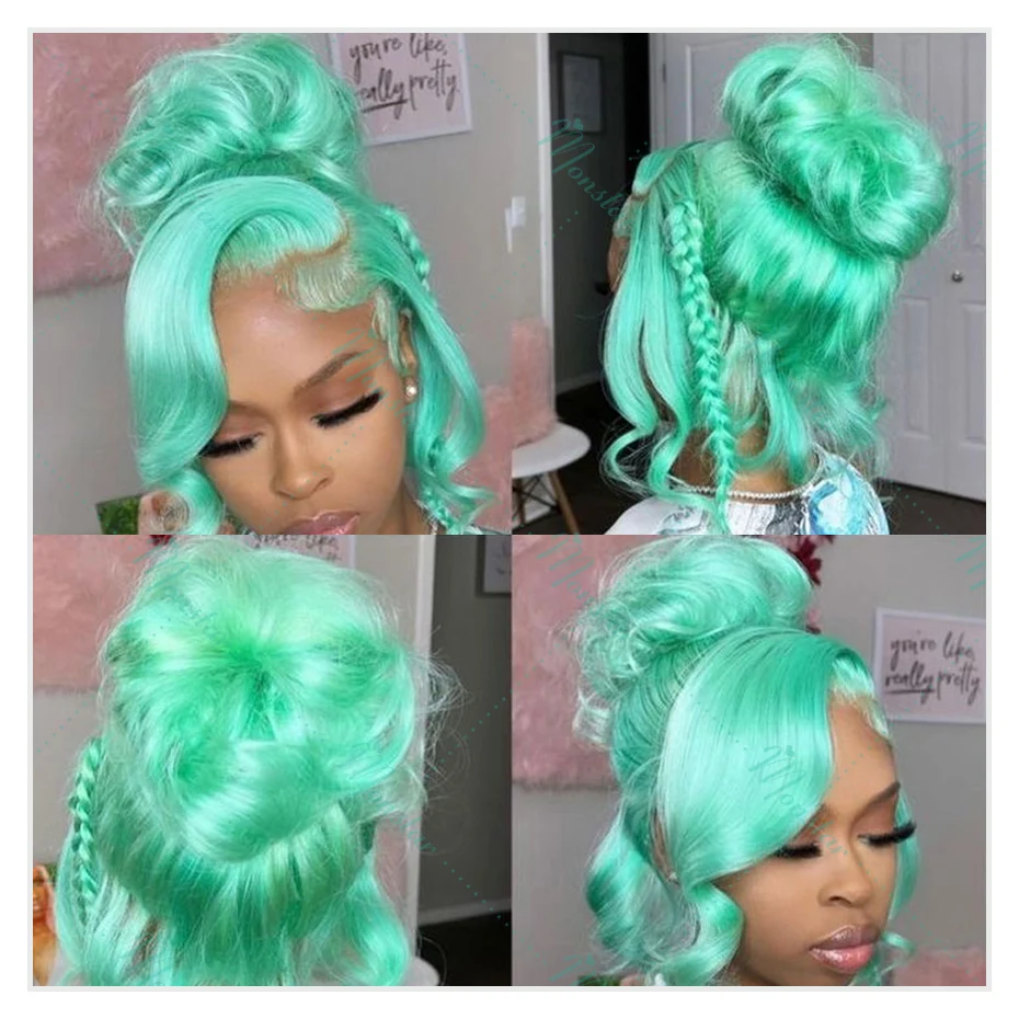 Mint Green Colored Body Wave Human Hair Wigs 13×6 HD Lace Frontal Wig Pre Plucked 180% 210% Density Vietnamese Raw Human Hair Wigs For Women
