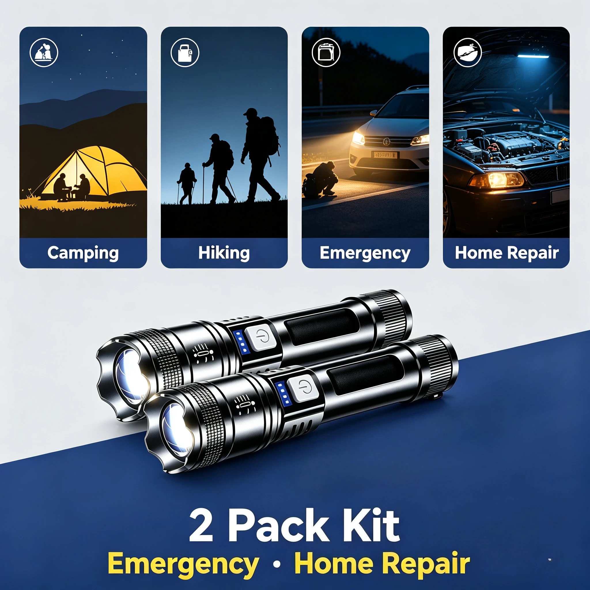 Rechargeable COB Flashlight, 2 Pack USB Rechargeable Tactical Torch with Power Bank Function, 300 Lumens Bright Handheld Flashlight for Camping Hiking Emergency Outdoor