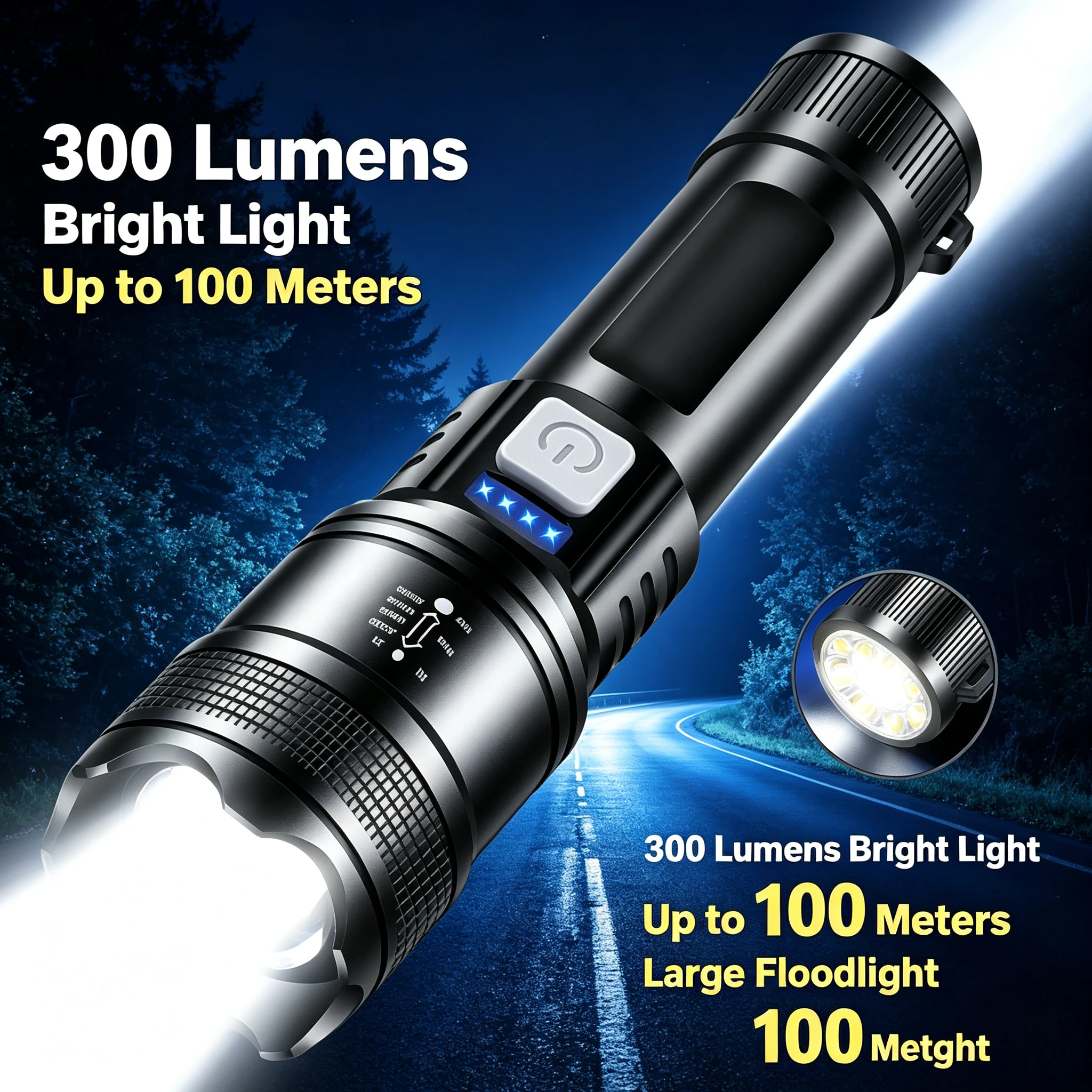 Rechargeable COB Flashlight, 2 Pack USB Rechargeable Tactical Torch with Power Bank Function, 300 Lumens Bright Handheld Flashlight for Camping Hiking Emergency Outdoor