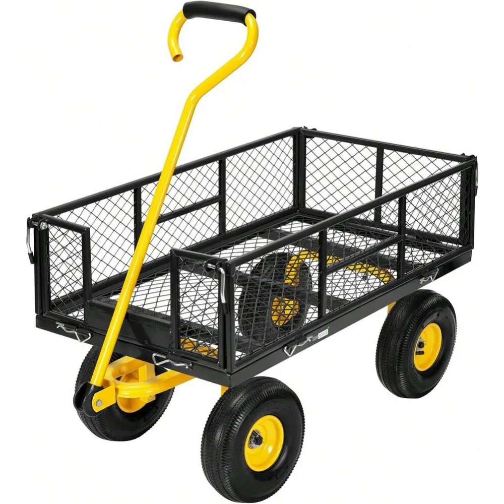 Heavy Duty 880 LBS Capacity Mesh Steel Utility Cart Wagon with Removable 2-in-1 Side Panels, 10 Inch All-Terrain Pneumatic Tires, 180 Degree Adjustable Pull Handle for Garden Yard Farm Camping