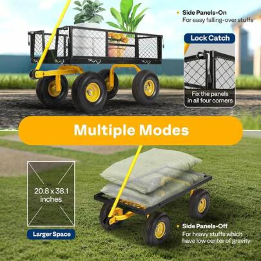 Heavy Duty 880 LBS Capacity Mesh Steel Utility Cart Wagon with Removable 2-in-1 Side Panels, 10 Inch All-Terrain Pneumatic Tires, 180 Degree Adjustable Pull Handle for Garden Yard Farm Camping
