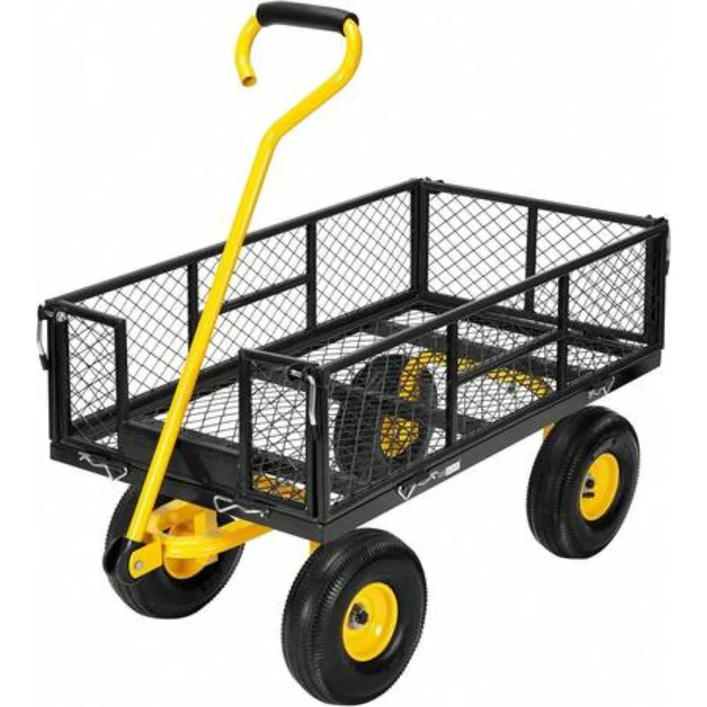 Heavy Duty 880 LBS Capacity Mesh Steel Utility Cart Wagon with Removable 2-in-1 Side Panels, 10 Inch All-Terrain Pneumatic Tires, 180 Degree Adjustable Pull Handle for Garden Yard Farm Camping