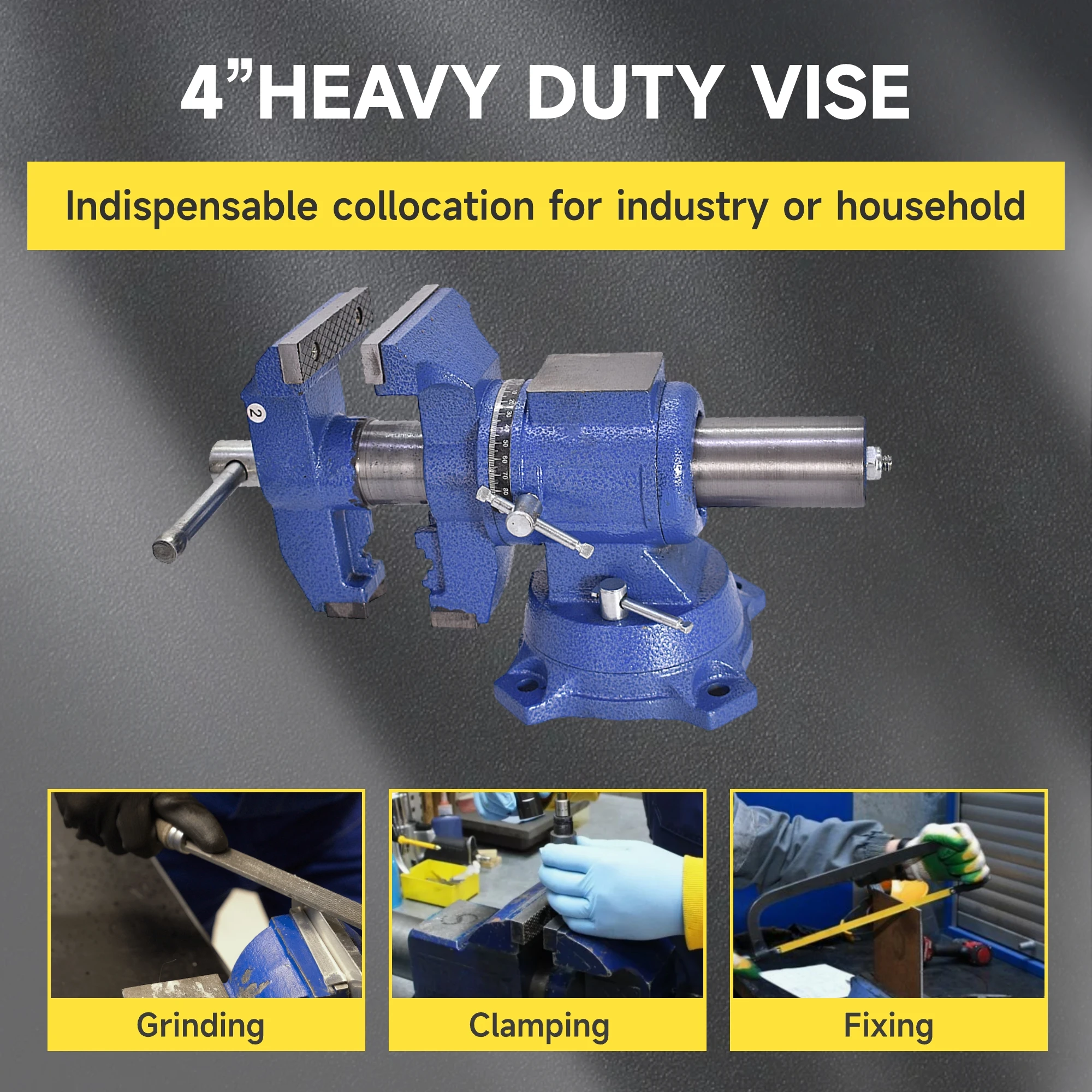 4-Inch Heavy-Duty Rotating Bench Vise with 360-Degree Swivel Base and Multi-Jaw Clamping