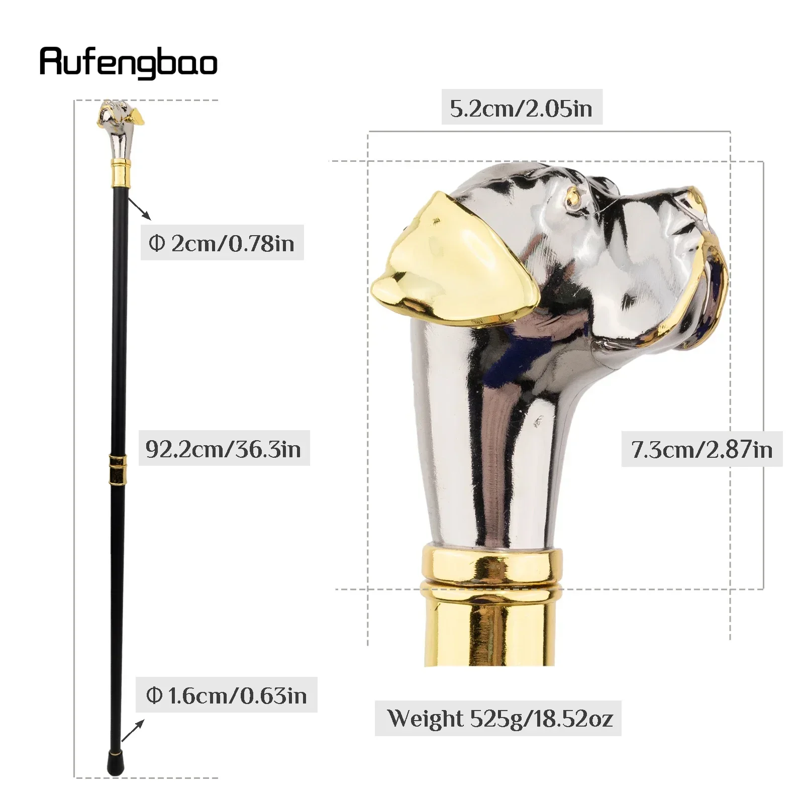 Golden Silver Dog Handle Luxury Pattern Pekingese Stick Party Fashion Walking Stick Decorative Cospaly Cane Knob Crosier 92cm