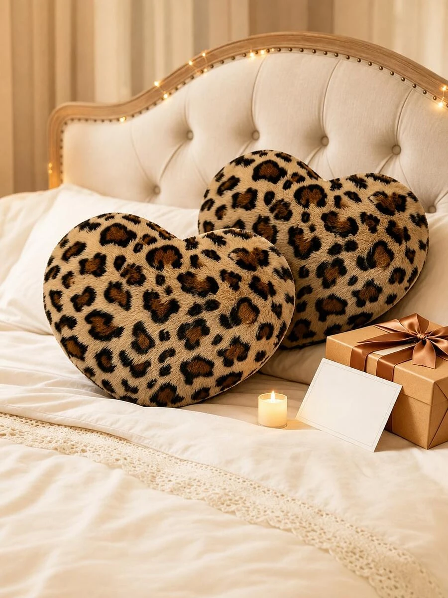 1pc Leopard Print Heart-Shaped Plush Throw Pillow, Soft Fuzzy Filled Decorative Cushion For Sofa Living Room Bedroom Home Decor Aesthetic Pillow SH260720162539335416357