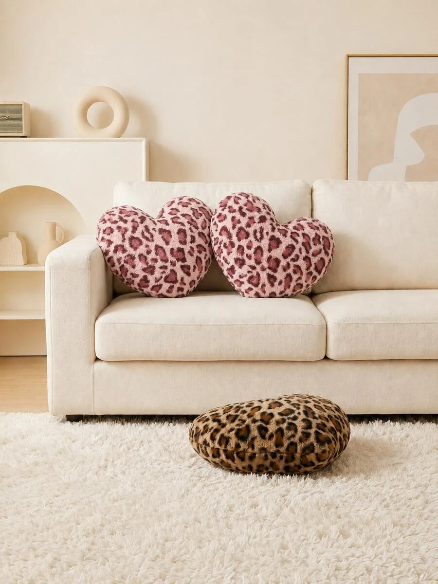 1pc Leopard Print Heart-Shaped Plush Throw Pillow, Soft Fuzzy Filled Decorative Cushion For Sofa Living Room Bedroom Home Decor Aesthetic Pillow SH260720162539335416357