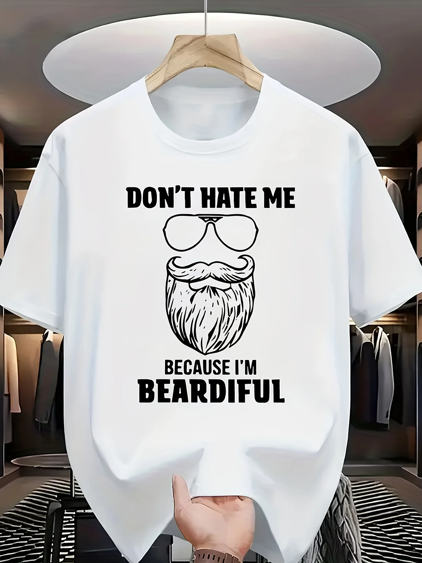 Men's Funny "Don't Hate Me Because I'm Beardiful" T-Shirt - Bearded for Man with Glasses & Mustache Print, Casual Round Neck Short Sleeve Tee, Humorous Gift for Bearded Guys, Machine Washable Summer Apparel