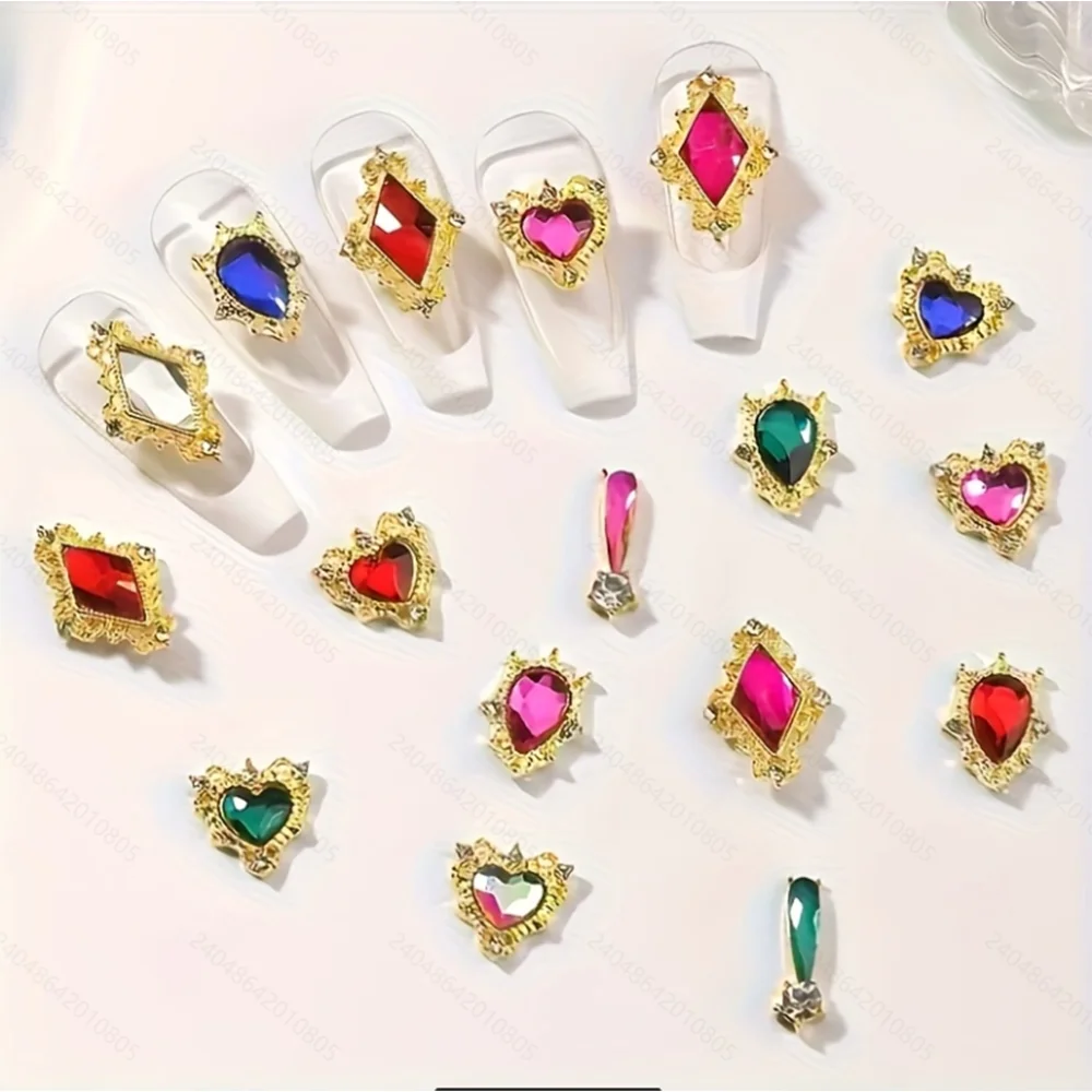 24 Grids Gold Alloy Nail Charms Multi‑Shape Colored Rhinestone Nail Ornaments 3D Luxury DIY Manicure Decor Supplies for Nail Salon Home Use