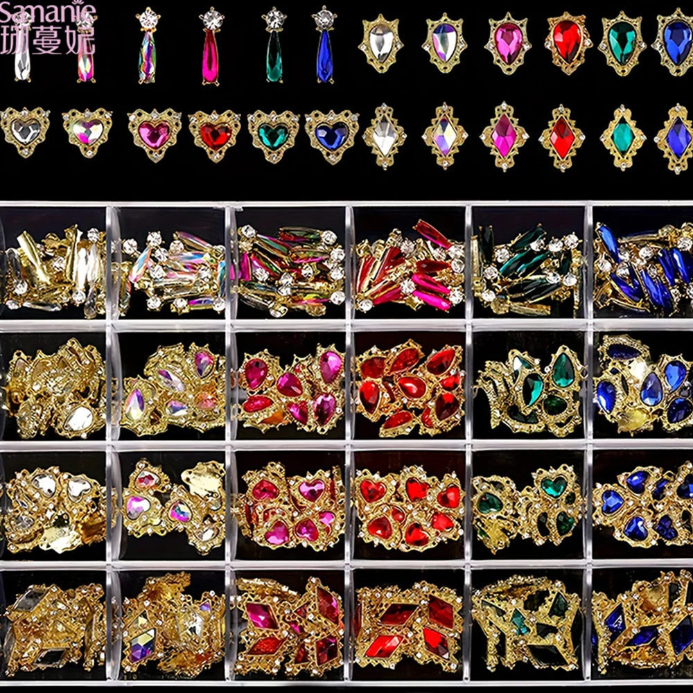 24 Grids Gold Alloy Nail Charms Multi‑Shape Colored Rhinestone Nail Ornaments 3D Luxury DIY Manicure Decor Supplies for Nail Salon Home Use