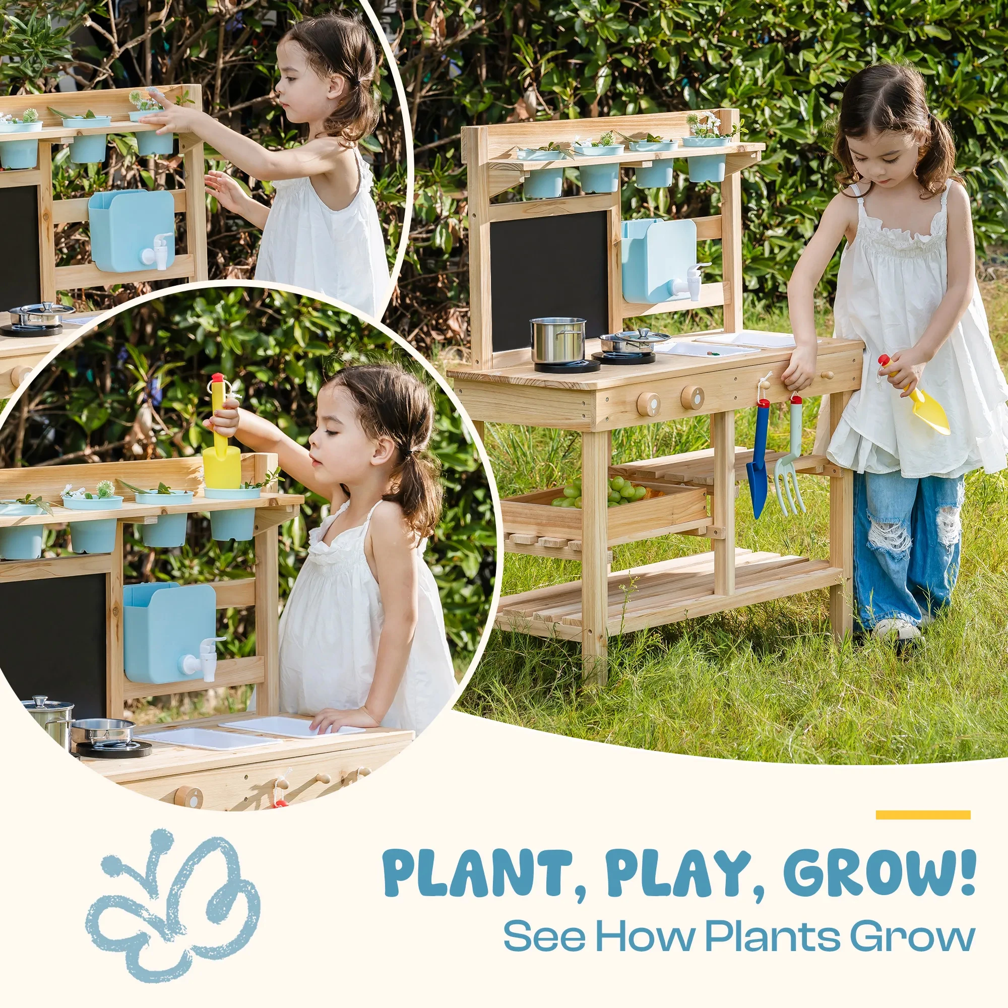 ROBUD Wooden Outdoor Garden Mud Kitchen with Real Water Pump Chalkboard Perfect Backyard Gift for Kids Age 3+