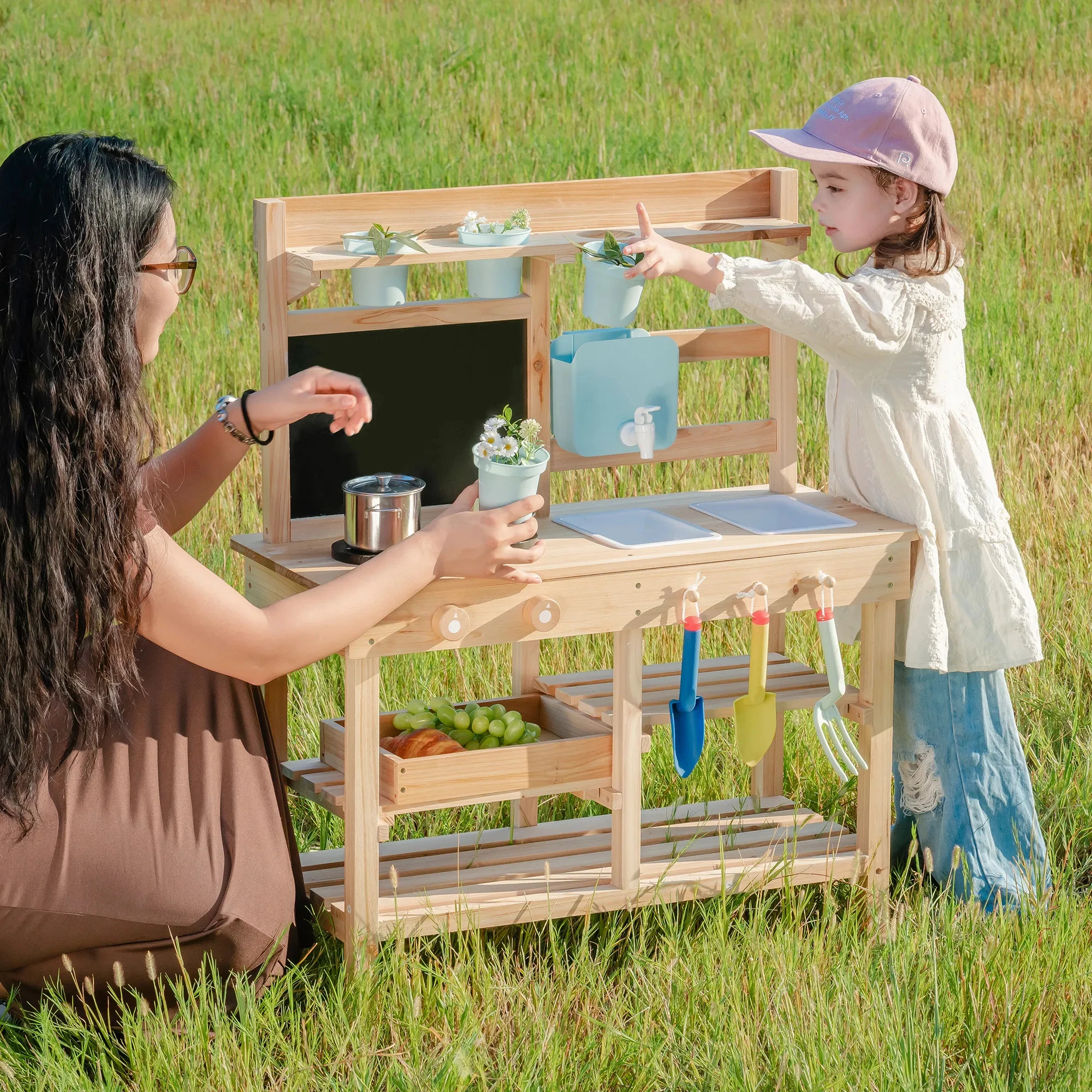 ROBUD Wooden Outdoor Garden Mud Kitchen with Real Water Pump Chalkboard Perfect Backyard Gift for Kids Age 3+