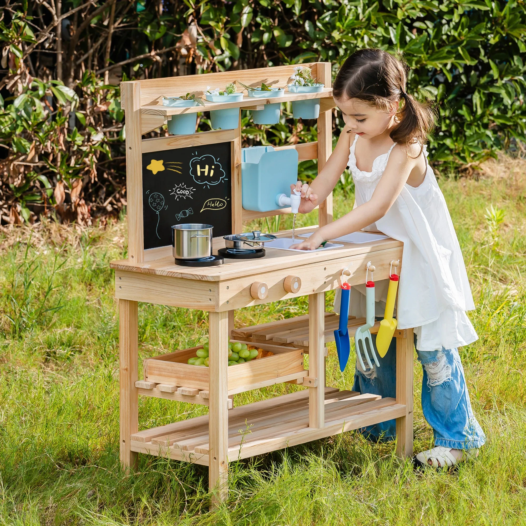 ROBUD Wooden Outdoor Garden Mud Kitchen with Real Water Pump Chalkboard Perfect Backyard Gift for Kids Age 3+
