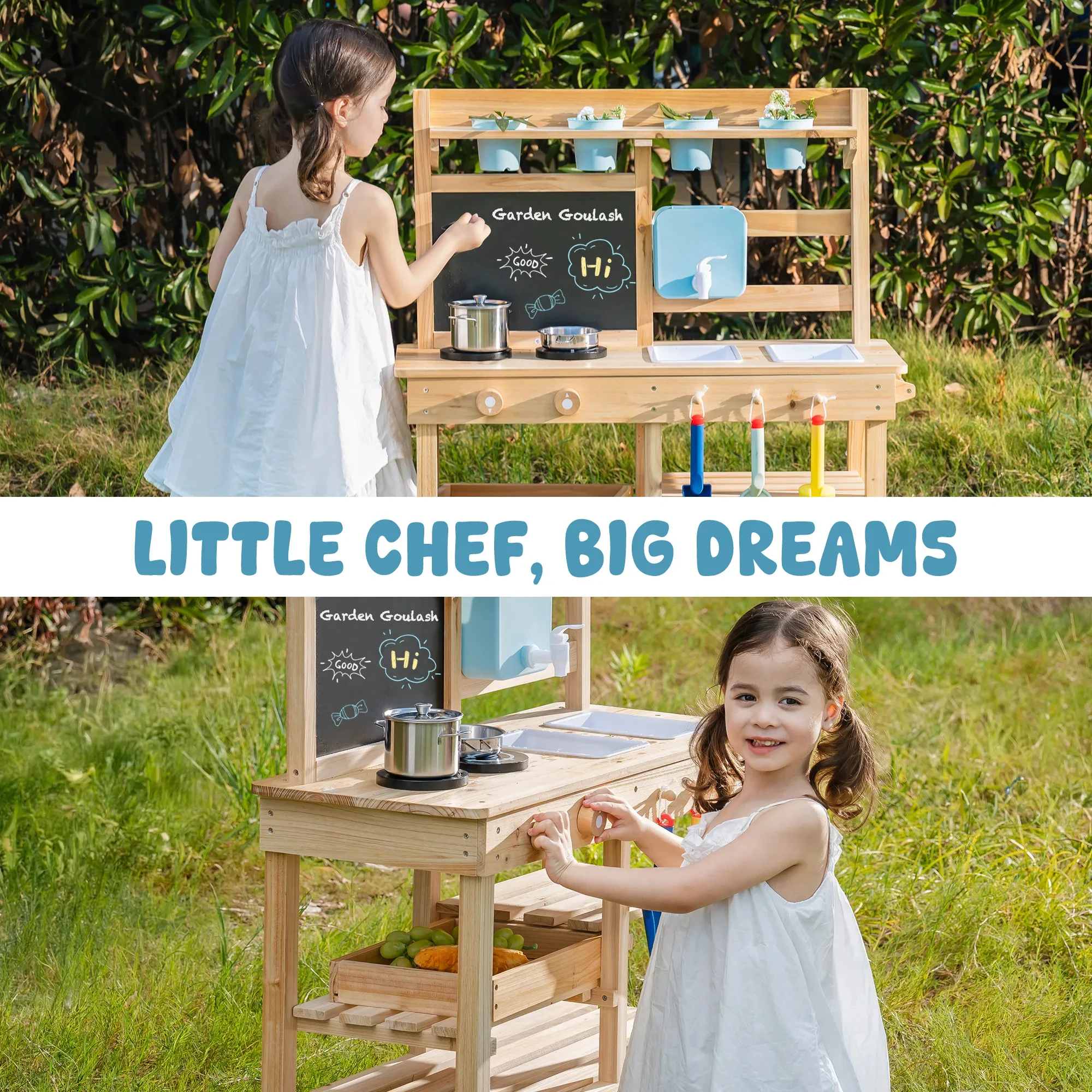 ROBUD Wooden Outdoor Garden Mud Kitchen with Real Water Pump Chalkboard Perfect Backyard Gift for Kids Age 3+
