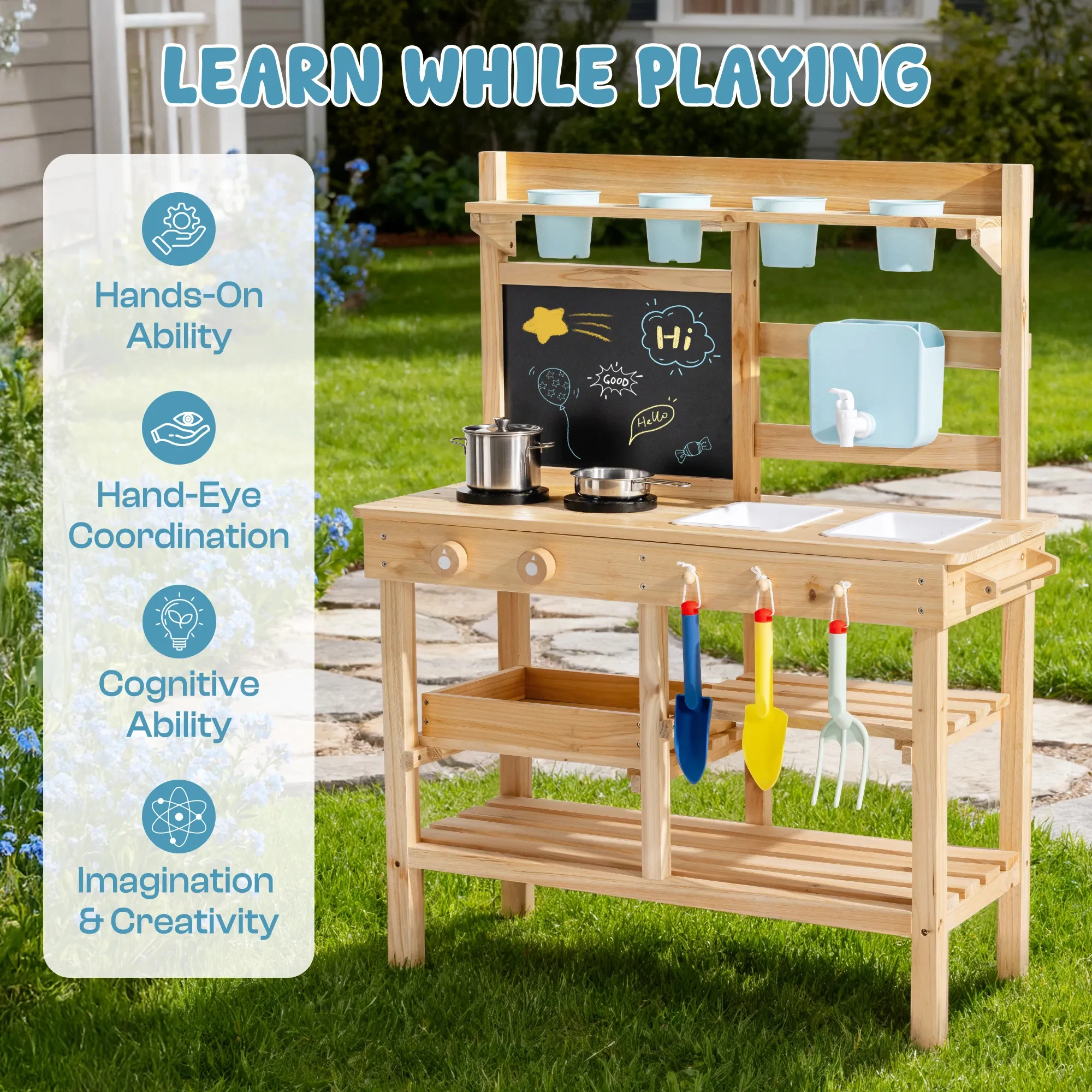 ROBUD Wooden Outdoor Garden Mud Kitchen with Real Water Pump Chalkboard Perfect Backyard Gift for Kids Age 3+