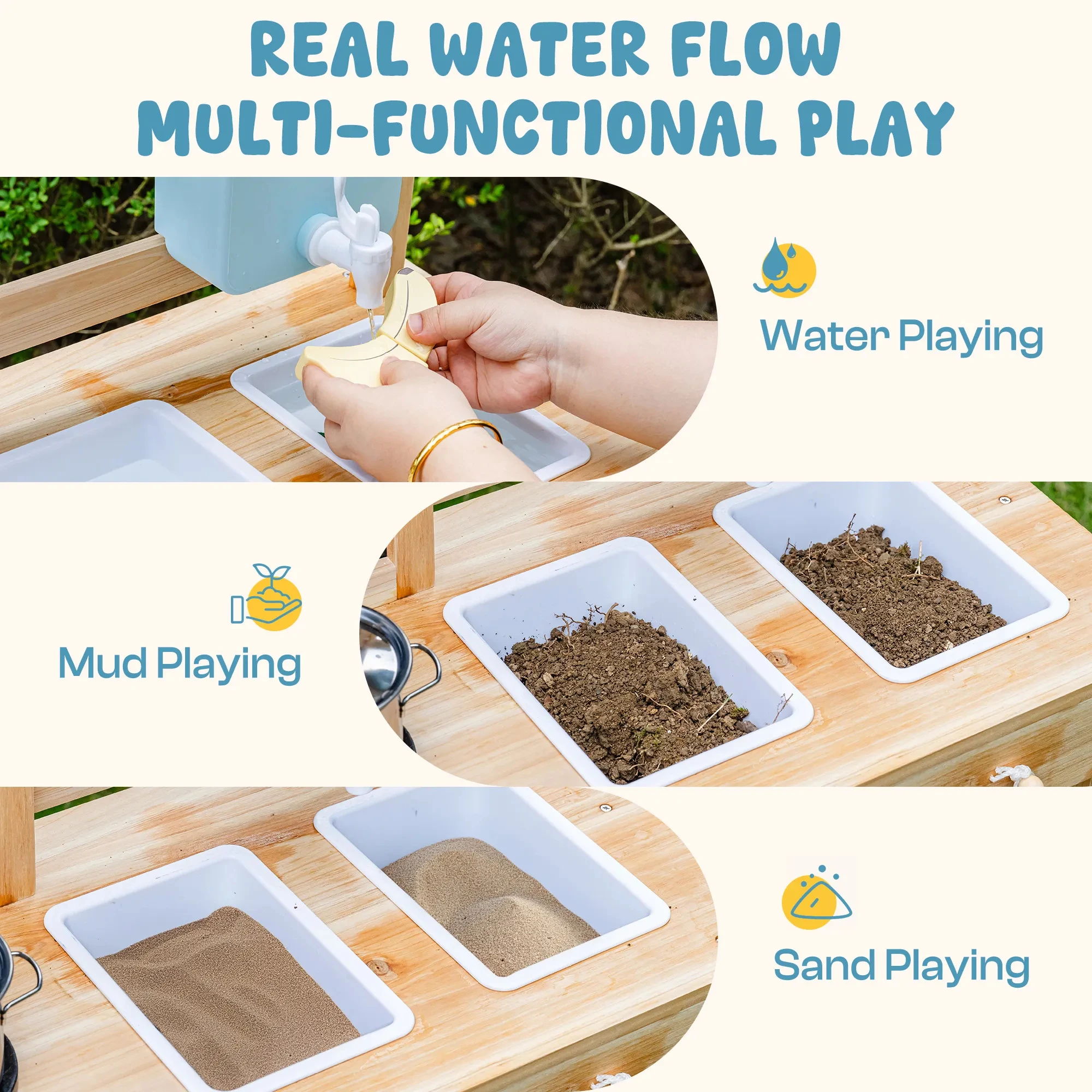 ROBUD Wooden Outdoor Garden Mud Kitchen with Real Water Pump Chalkboard Perfect Backyard Gift for Kids Age 3+