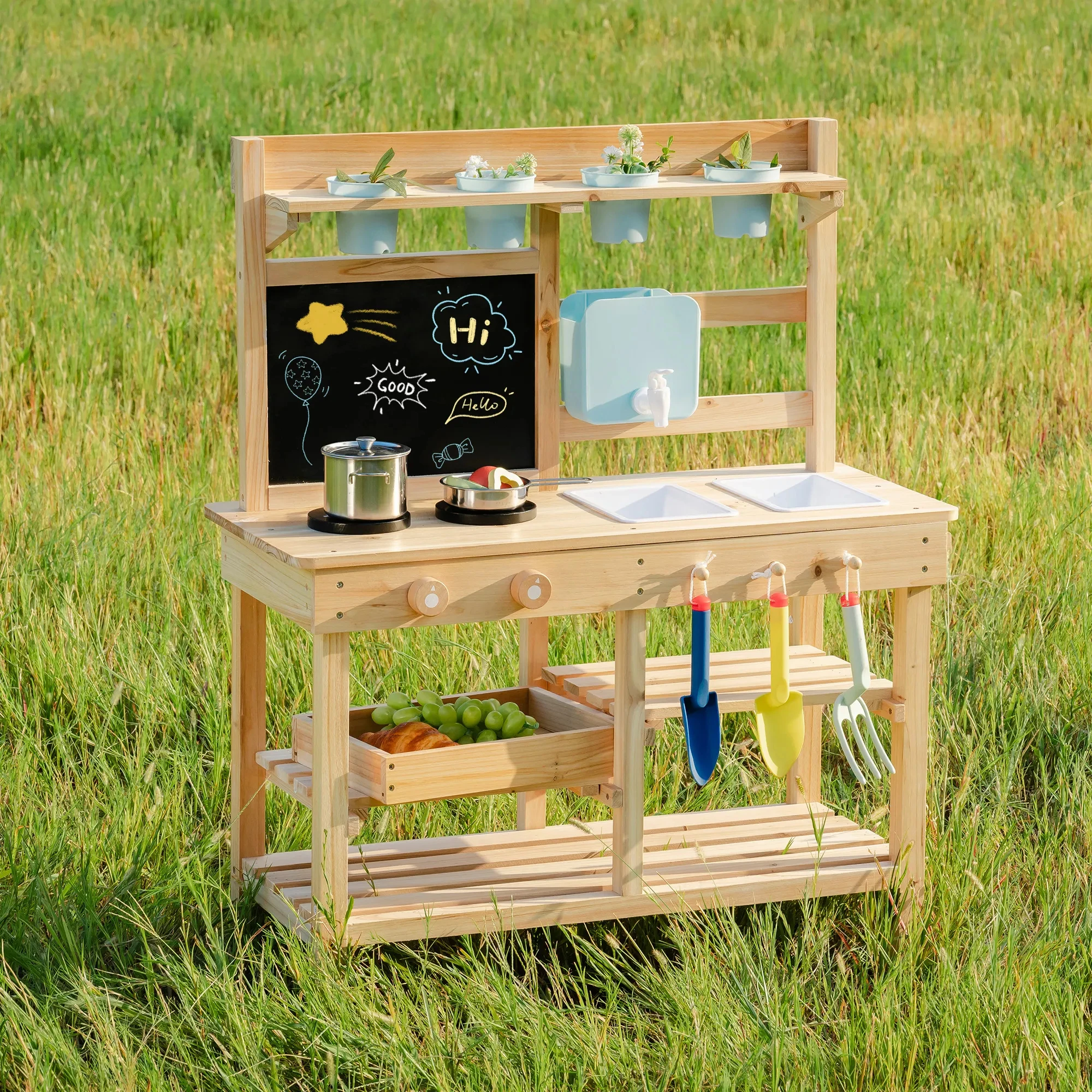 ROBUD Wooden Outdoor Garden Mud Kitchen with Real Water Pump Chalkboard Perfect Backyard Gift for Kids Age 3+