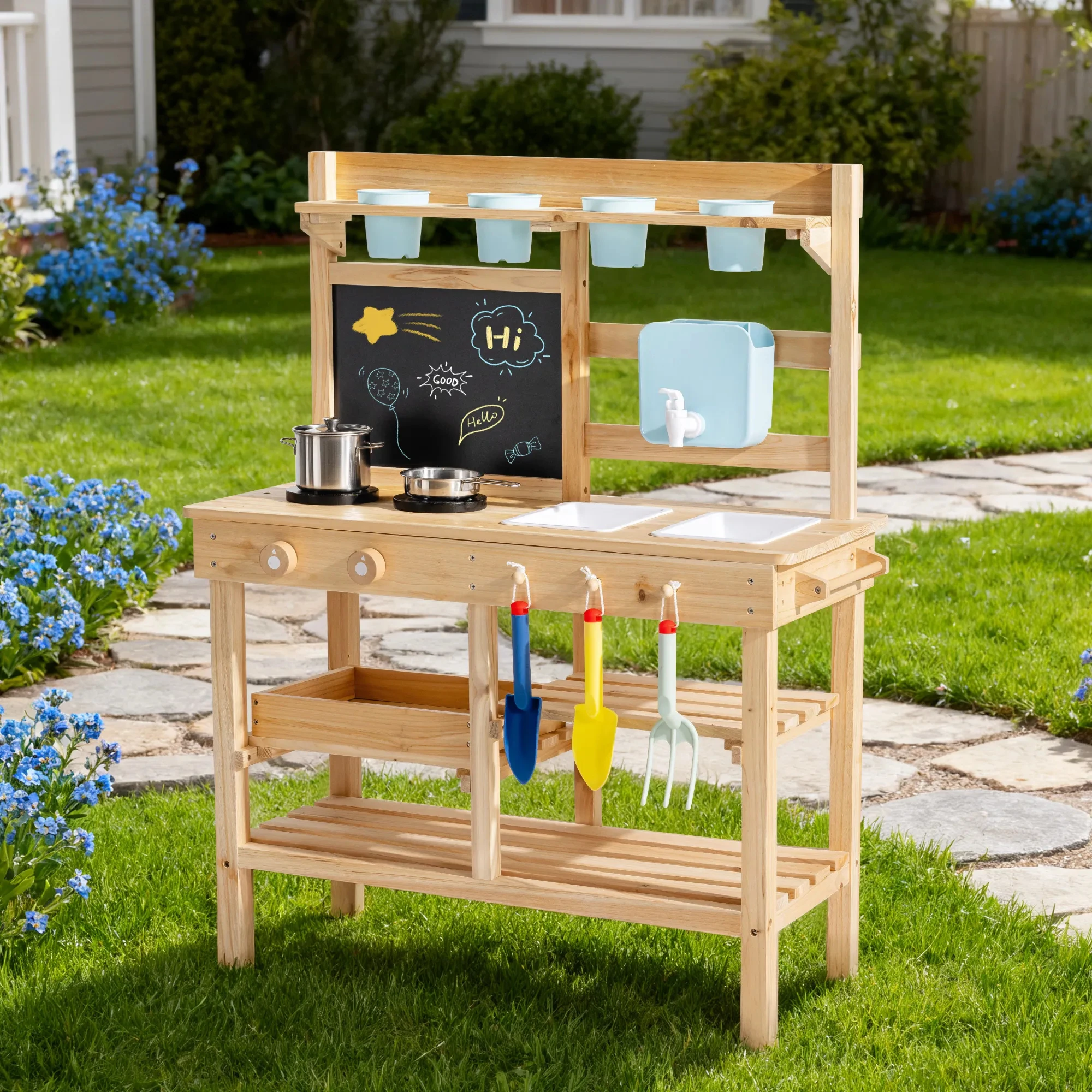 ROBUD Wooden Outdoor Garden Mud Kitchen with Real Water Pump Chalkboard Perfect Backyard Gift for Kids Age 3+