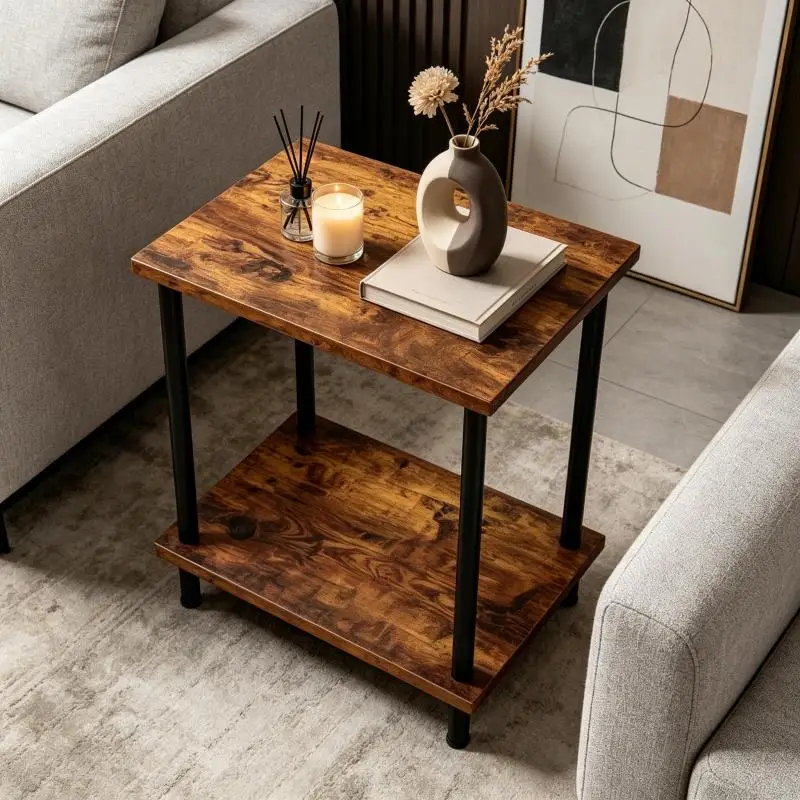 Industrial 2-Tier Side End Table, Rustic Wood Top Black Metal Frame Nightstand, Multifunctional Storage Side Table for Living Room Bedroom Sofa Corner Small Space