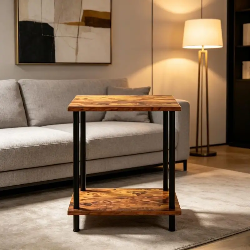 Industrial 2-Tier Side End Table, Rustic Wood Top Black Metal Frame Nightstand, Multifunctional Storage Side Table for Living Room Bedroom Sofa Corner Small Space