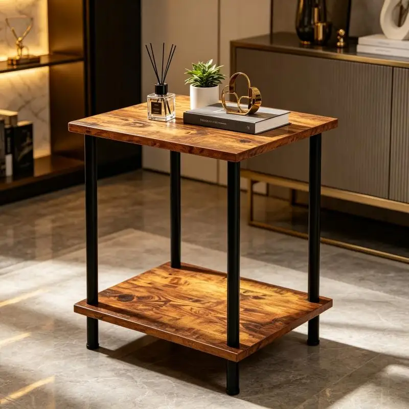 Industrial 2-Tier Side End Table, Rustic Wood Top Black Metal Frame Nightstand, Multifunctional Storage Side Table for Living Room Bedroom Sofa Corner Small Space