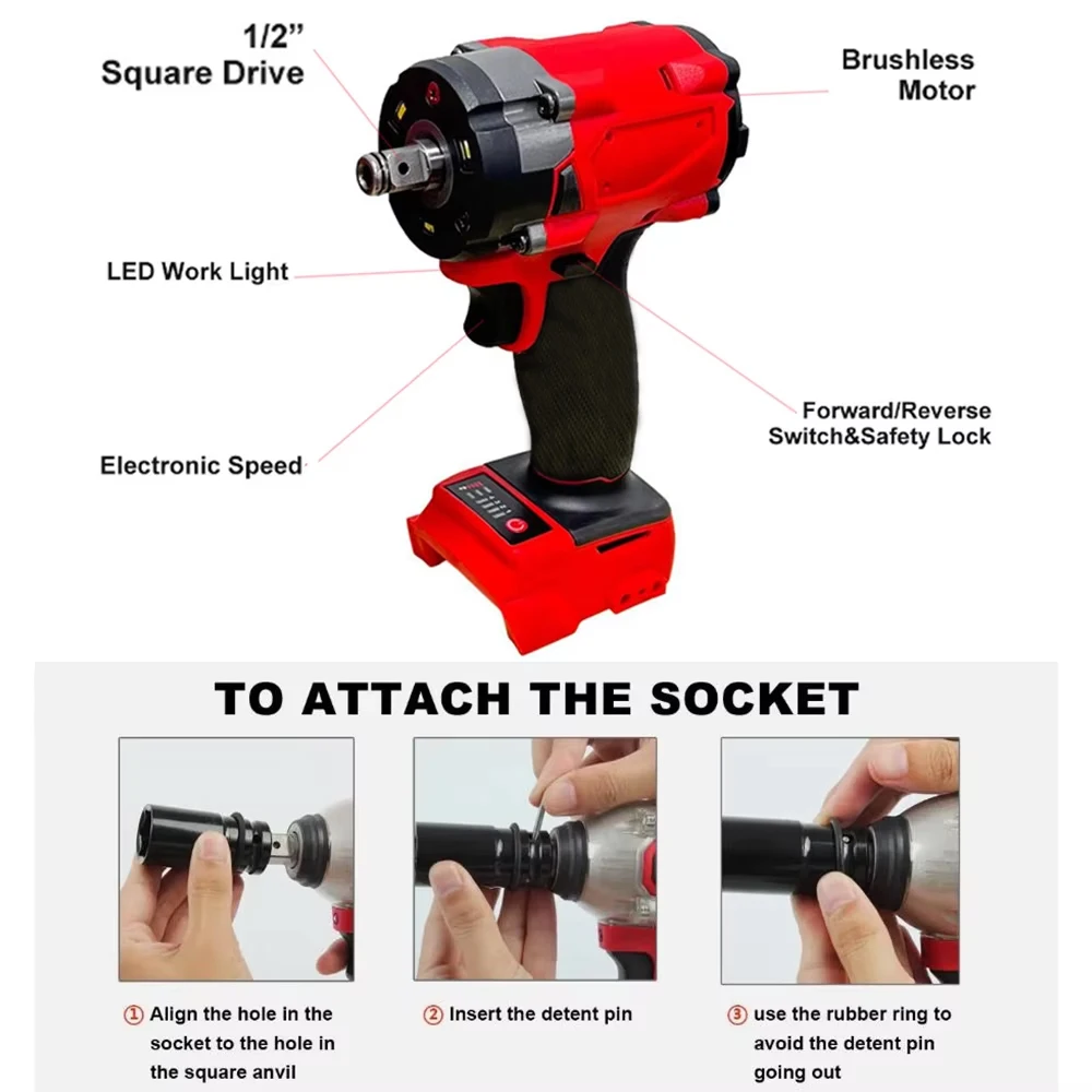 500N.m Brushless Impact Wrench Without Battery Electric Driver 1/2" Repair Cordless Screwdriver Auto Repair Power Tools Drill Service Tool for Milwaukee 18V Battery