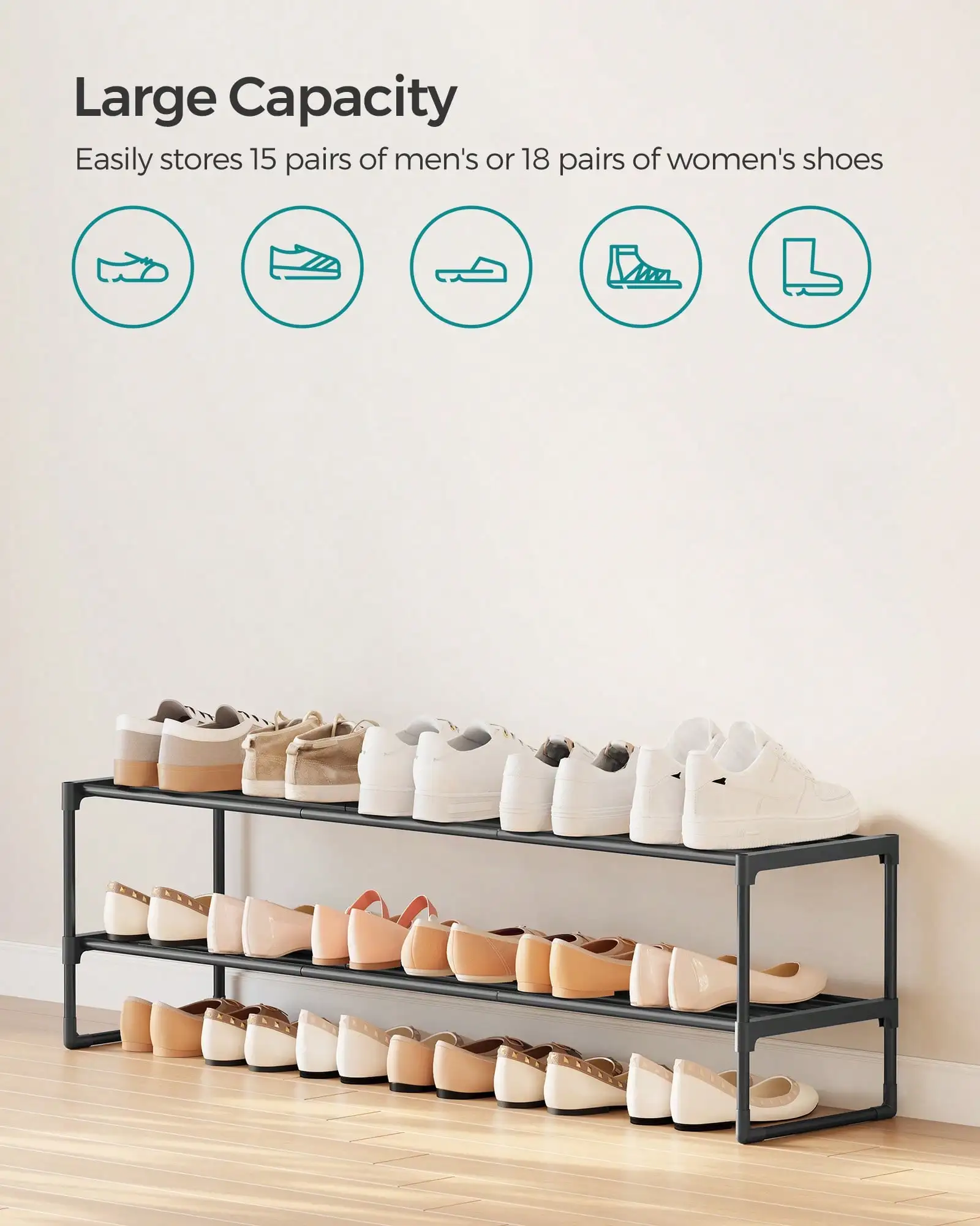 SONGMICS Shoe Rack, 2 Tier Shoe Organizer, Metal Shoe Storage Shelf For 12 Pairs Of Shoes, Easy To Assemble, For Entryway, Closet, Bedroom, Living Room, Black