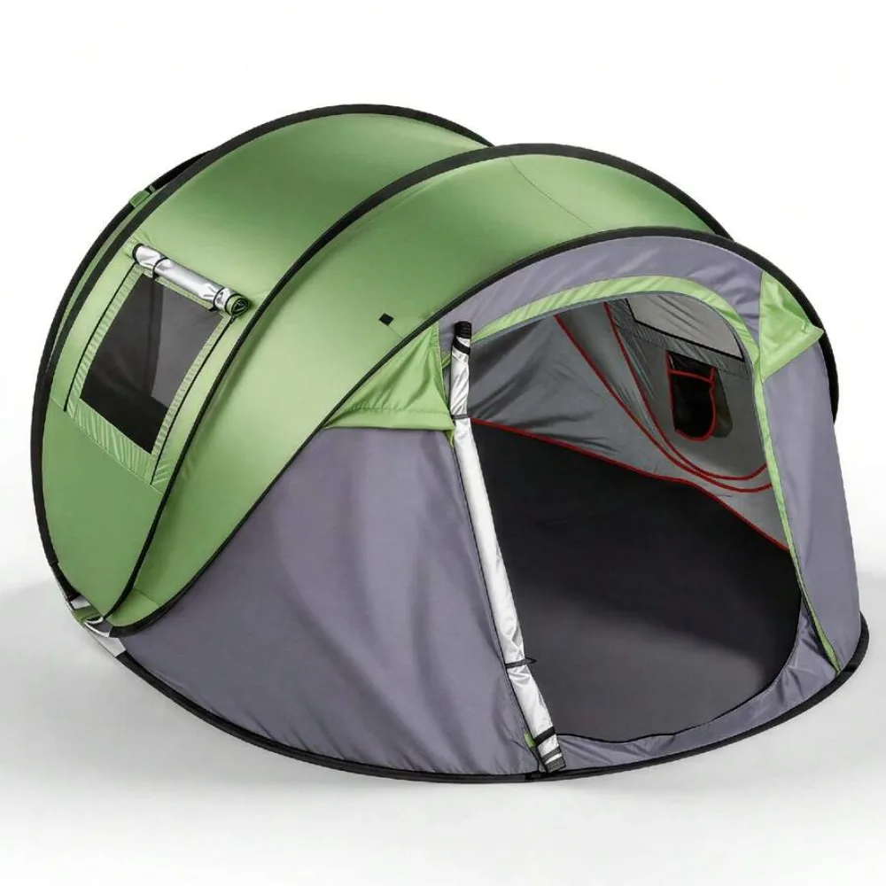 4 Person Pop Up Camping Tent Instant Setup Waterproof Family Shelter with Front Awning Dual Mesh Doors Automatic Portable Sun Protection for Beach Festival Backyard Outdoor Travel Hiking