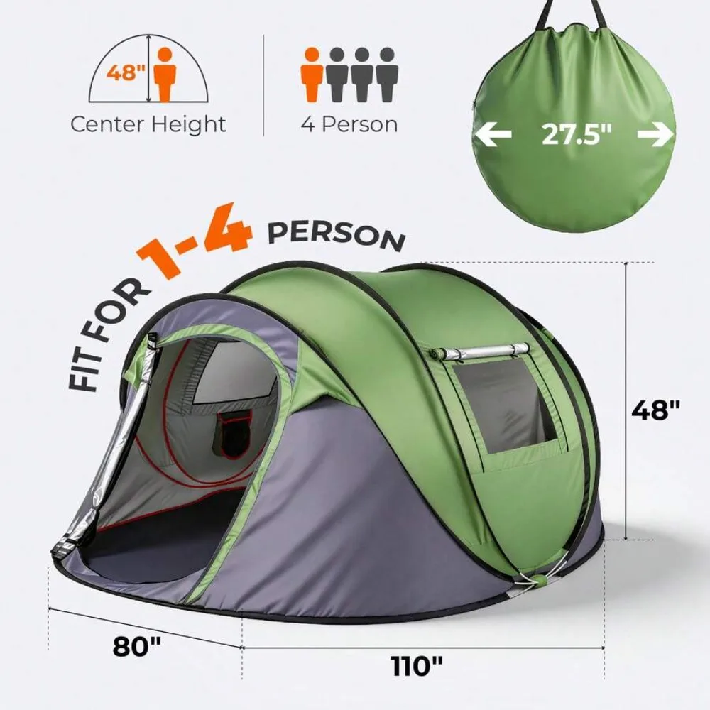 4 Person Pop Up Camping Tent Instant Setup Waterproof Family Shelter with Front Awning Dual Mesh Doors Automatic Portable Sun Protection for Beach Festival Backyard Outdoor Travel Hiking