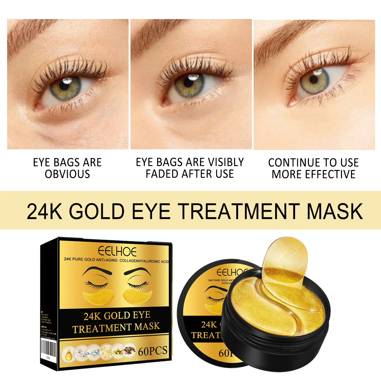 EELHOE 24K Gold Eye Mask Remove Dark Circles Improve Eye Bags Moisturizing Nourish Fade Lines Anti Aging Patches Eye Skin Care
