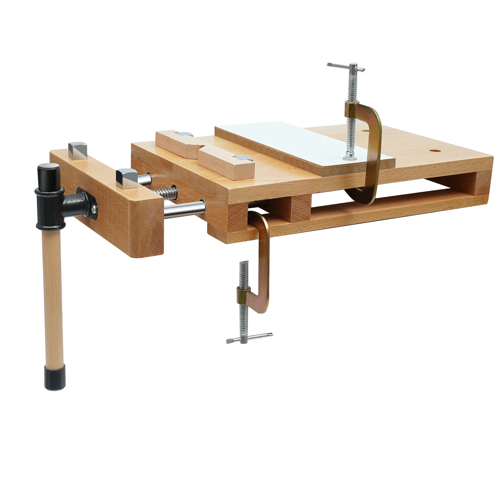 Beech Wood Vise Workbench – 20.8"X11"X2.7" – 4 Metal Limit Blocks – G-Clamps – for Chiseling Planing Sawing – Woodworking