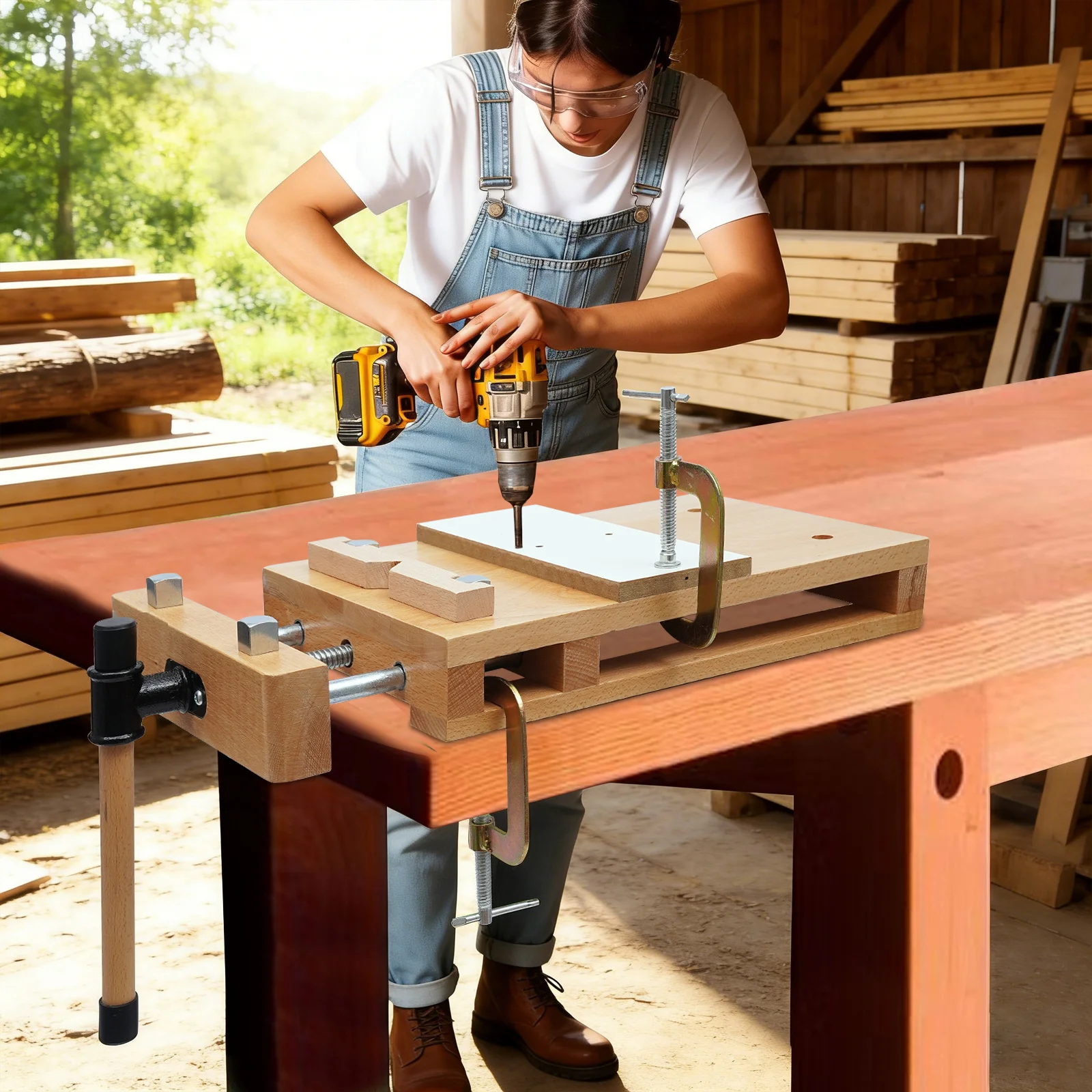 Beech Wood Vise Workbench – 20.8"X11"X2.7" – 4 Metal Limit Blocks – G-Clamps – for Chiseling Planing Sawing – Woodworking