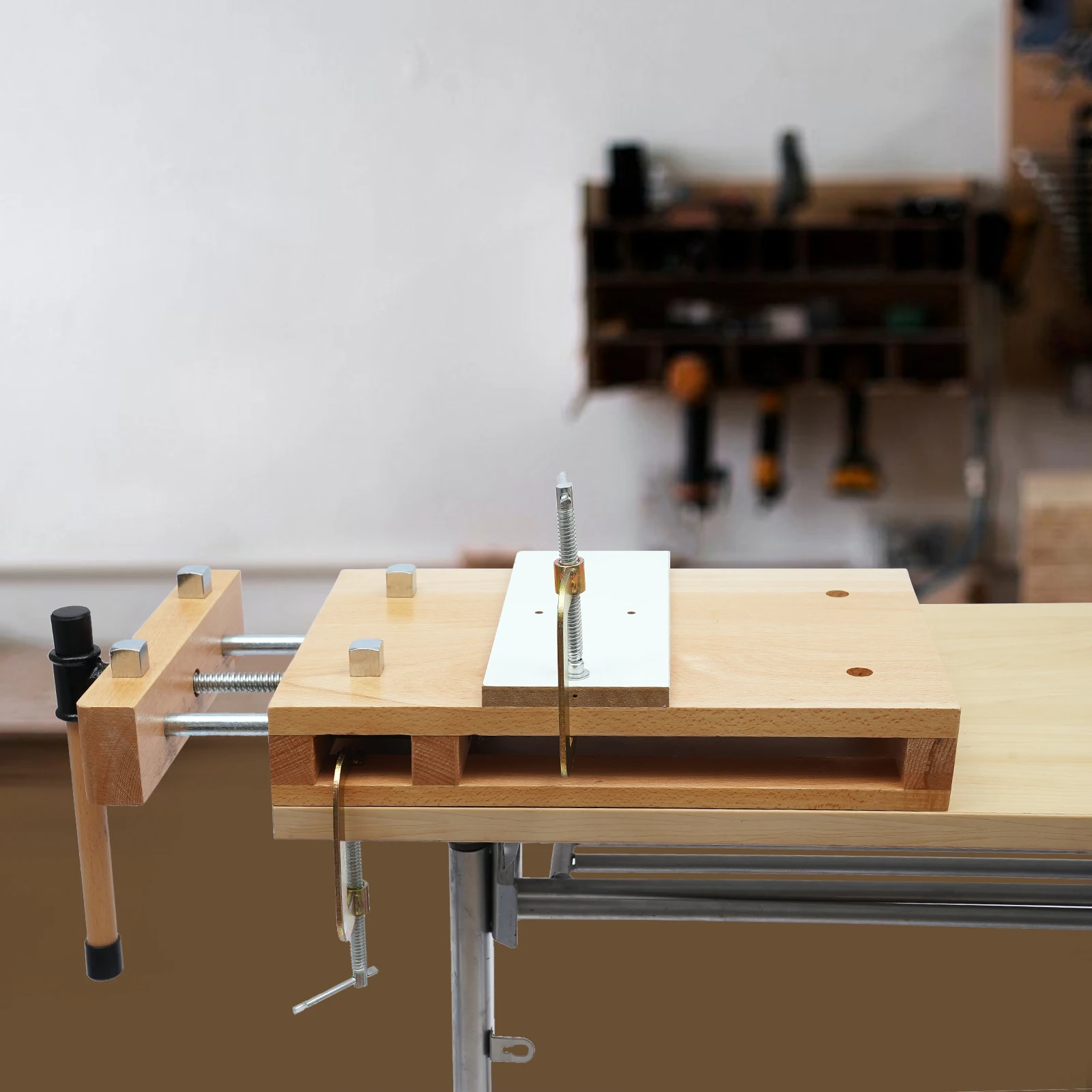 Beech Wood Vise Workbench – 20.8"X11"X2.7" – 4 Metal Limit Blocks – G-Clamps – for Chiseling Planing Sawing – Woodworking