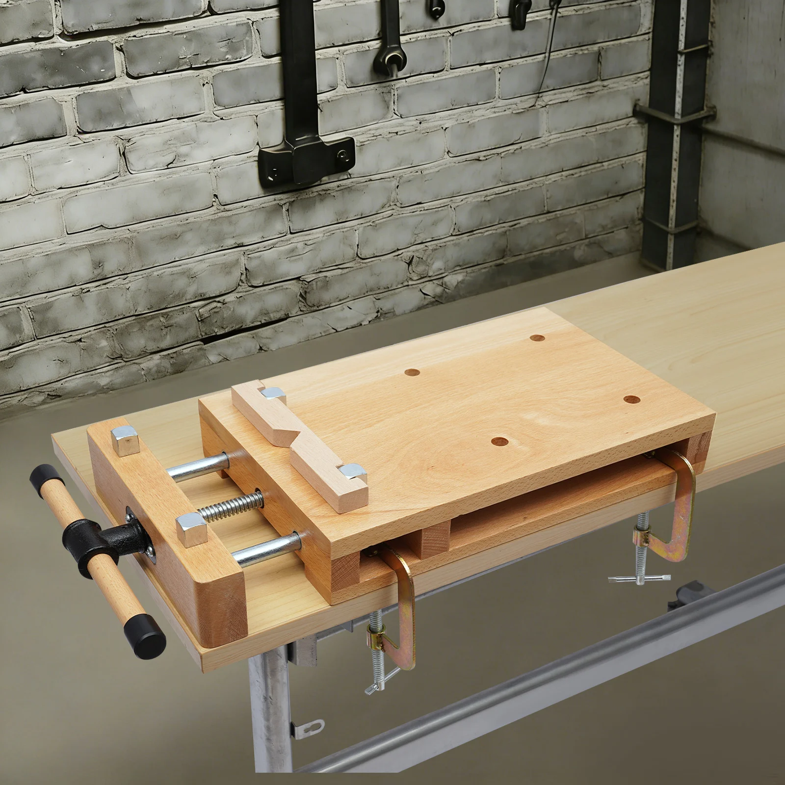 Beech Wood Vise Workbench – 20.8"X11"X2.7" – 4 Metal Limit Blocks – G-Clamps – for Chiseling Planing Sawing – Woodworking