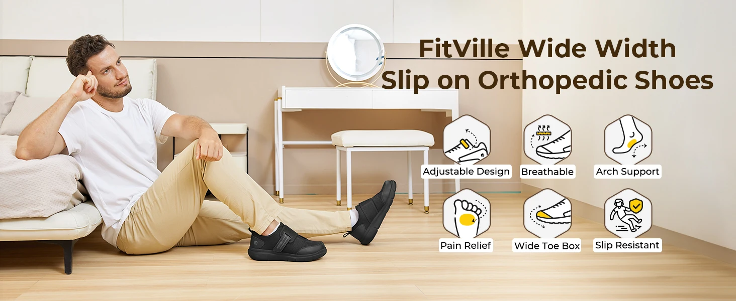 FitVille Diabetic Shoes for Men Extra Wide, Hook and Loop Walking Shoes for Elderly for Swollen Feet Foot Pain Relief Neuropathy - EasyTop V10