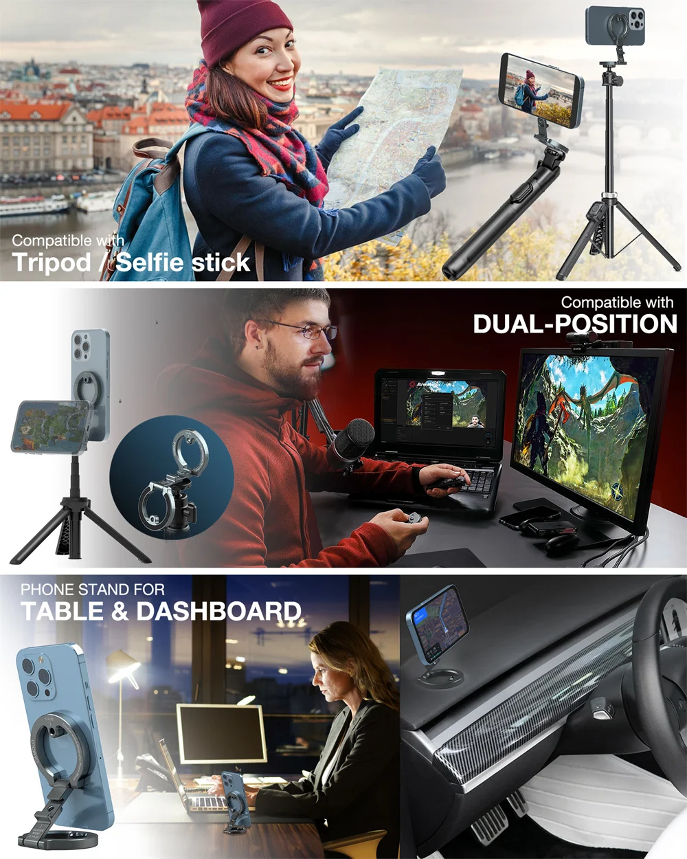 CAMOLO Dual Magnetic Phone Holder Gym Phone Tripod Mount for Magsafe iPhone 17 16 15 14 13 12 Pro Max Android Phone Photography Accessories w 1/4" Screw for Tripod
