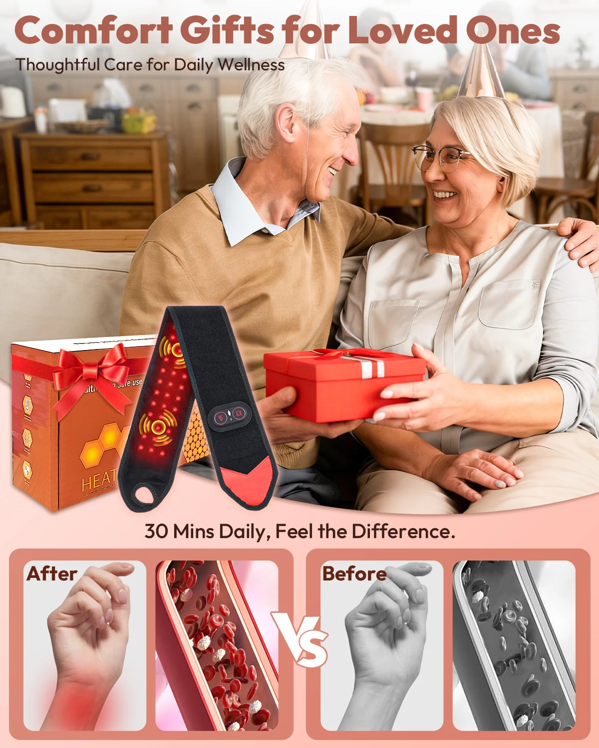 Red Light Therapy Wrap with Heat & Vibration, Infrared LED Pad for Wrist Arm Knee Pain Relief, Cordless Massager 660nm/850nm