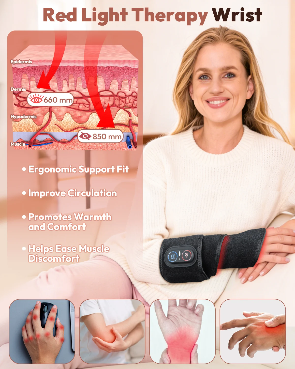 Red Light Therapy Wrap with Heat & Vibration, Infrared LED Pad for Wrist Arm Knee Pain Relief, Cordless Massager 660nm/850nm