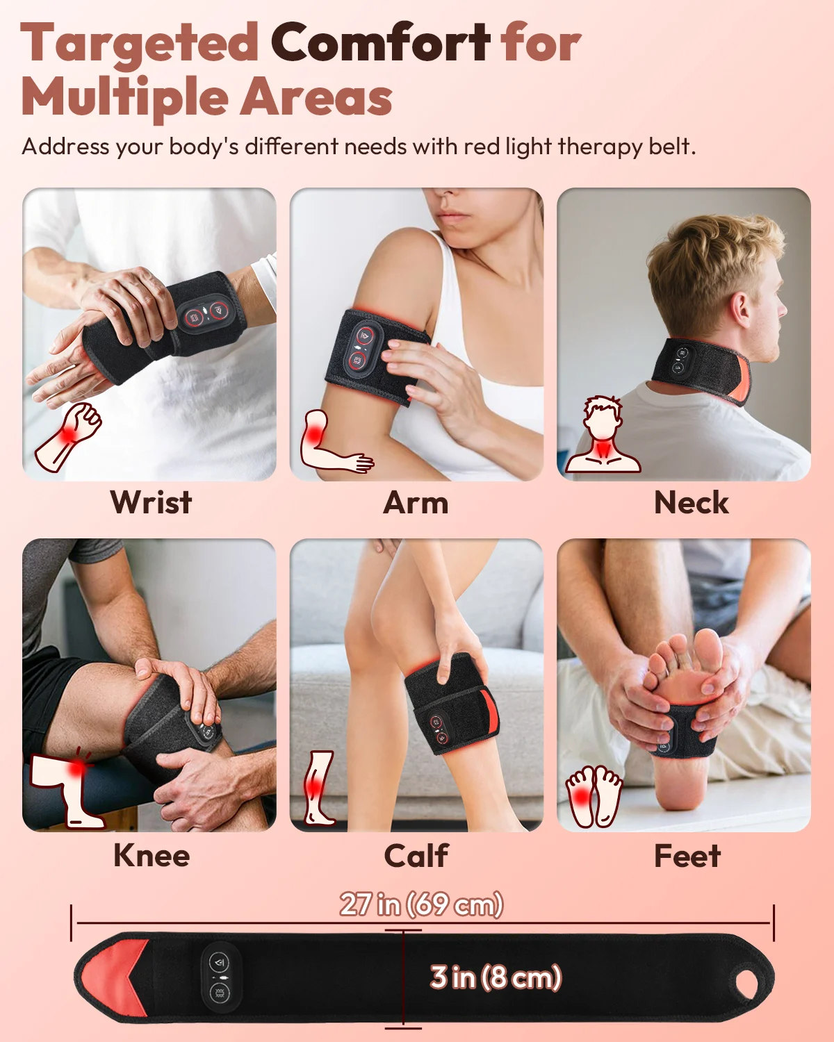 Red Light Therapy Wrap with Heat & Vibration, Infrared LED Pad for Wrist Arm Knee Pain Relief, Cordless Massager 660nm/850nm