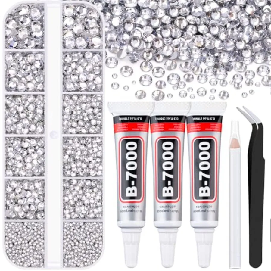 Resin Rhinestones for Crafting with B7000 Jewelry Glue, 1 Box Clear Flatback Crystals with 3Pcs 10ml Glue for Bedazzling Crafts