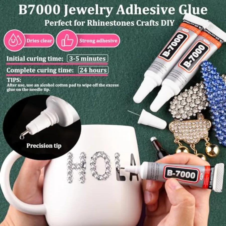 Resin Rhinestones for Crafting with B7000 Jewelry Glue, 1 Box Clear Flatback Crystals with 3Pcs 10ml Glue for Bedazzling Crafts