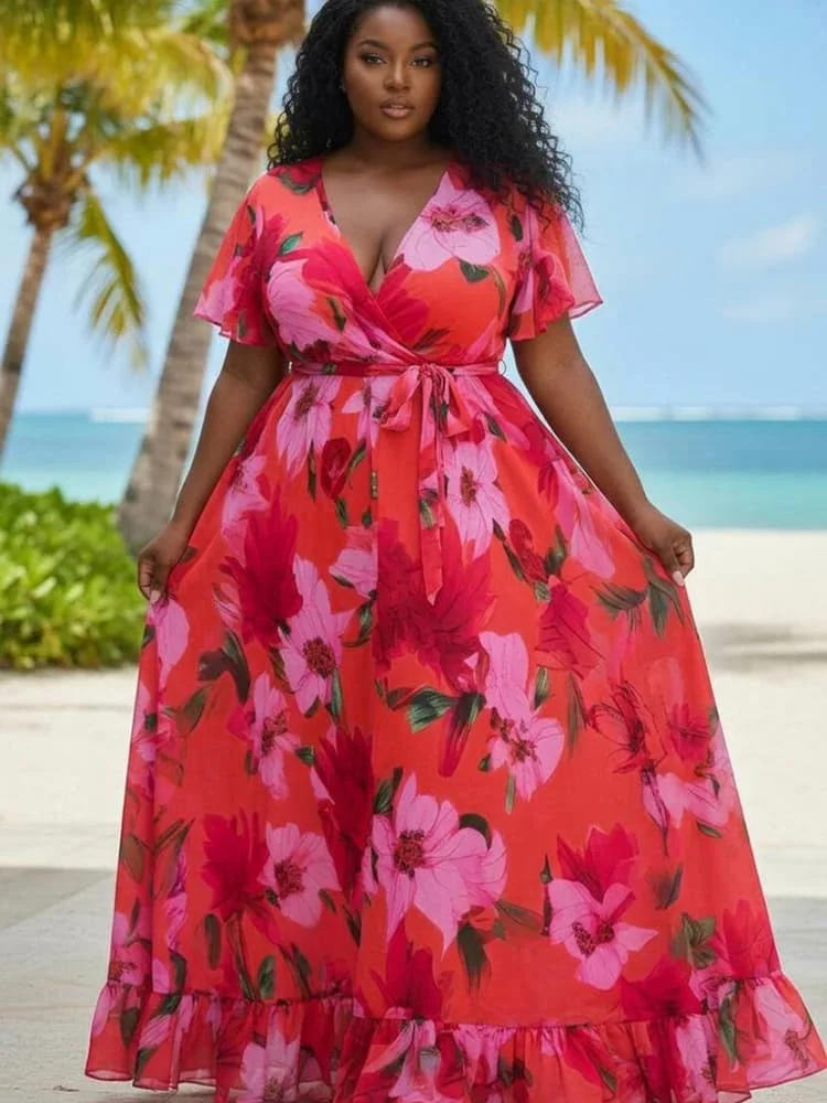 Plus Size V Neck Short Flutter Sleeve Wrap Waist Tie Floor Length Dress For Women Party Vacation Ruffle Hem Long Dress