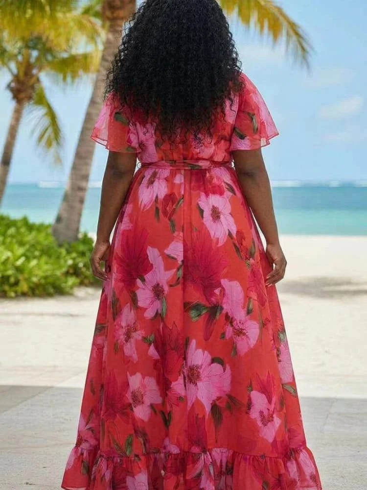 Plus Size V Neck Short Flutter Sleeve Wrap Waist Tie Floor Length Dress For Women Party Vacation Ruffle Hem Long Dress