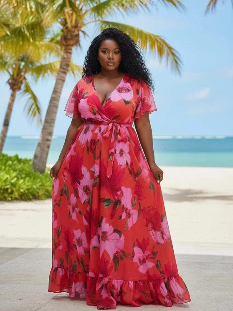 Plus Size V Neck Short Flutter Sleeve Wrap Waist Tie Floor Length Dress For Women Party Vacation Ruffle Hem Long Dress