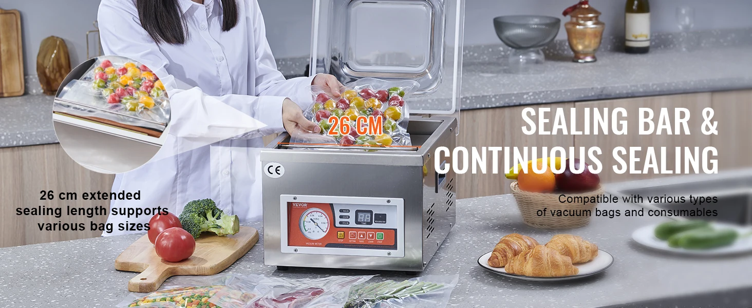 SucceBuy Food Vacuum Packing Machine Commercial Chamber Vacuum Sealer DZ-260A Kitchen Meat Packaging Food Saver Sealing Machine