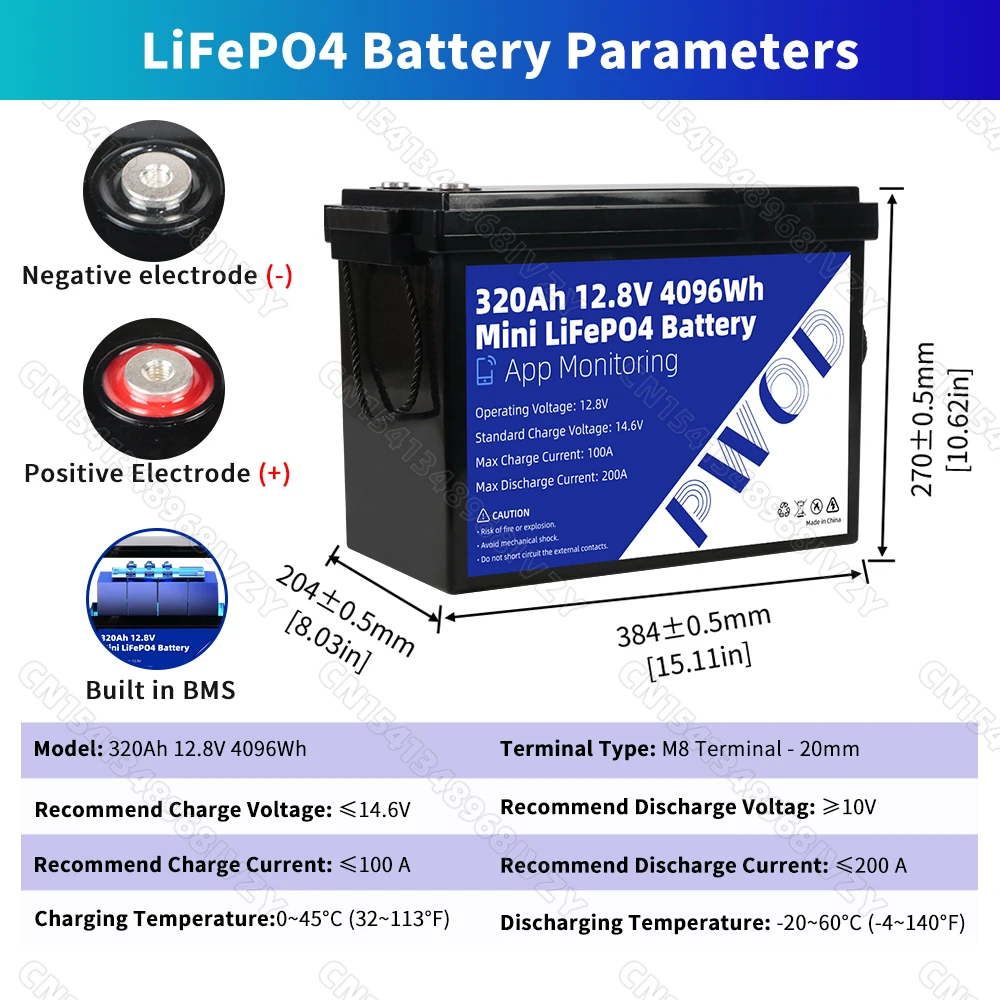 12V Lifepo4 320Ah Battery With 4S 200A Smart BMS 8000+ Cycles Brand New Lithium Iron Phosphate Cell Pack APP Monitoring Grade A Rechargeable LFP Batteries DIY 12V 24V For RV Marine Yacht Outdoor Trolling Motors Camping Fast Shipping to the United States