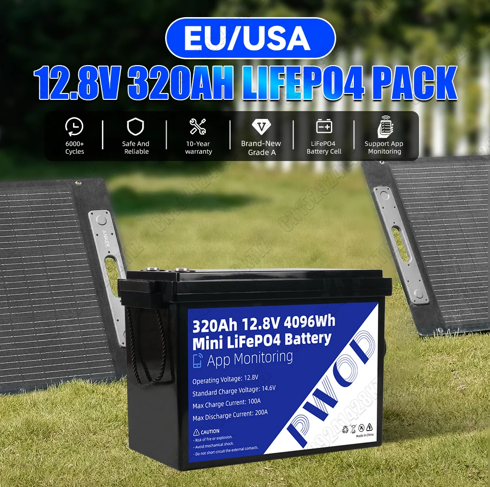 12V Lifepo4 320Ah Battery With 4S 200A Smart BMS 8000+ Cycles Brand New Lithium Iron Phosphate Cell Pack APP Monitoring Grade A Rechargeable LFP Batteries DIY 12V 24V For RV Marine Yacht Outdoor Trolling Motors Camping Fast Shipping to the United States