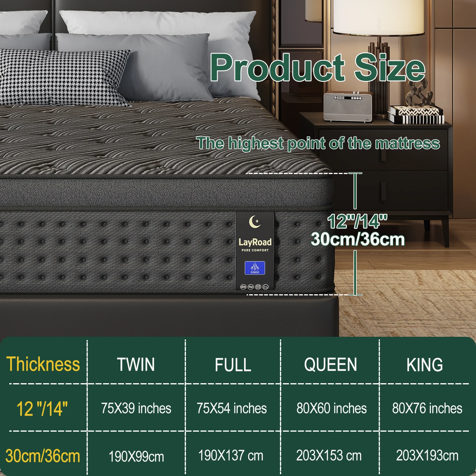 12/14-Inch Black Queen Mattress, Built-In Memory Foam And Individually Pocketed Springs, Available In Twin, Full, Queen And King Mattress Sizes, With Side Handles For Easy Movement, Fiberglass-Free, Odorless, Highly Breathable