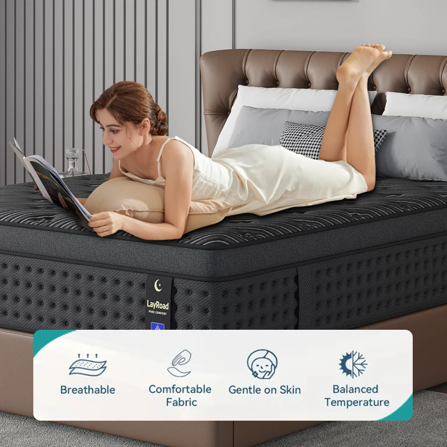 12/14-Inch Black Queen Mattress, Built-In Memory Foam And Individually Pocketed Springs, Available In Twin, Full, Queen And King Mattress Sizes, With Side Handles For Easy Movement, Fiberglass-Free, Odorless, Highly Breathable